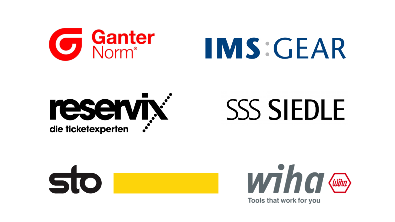 Übersicht mit Logos von Unternehmen wie Ganter Norm, SIedle, Wiha, Sto und weiteren