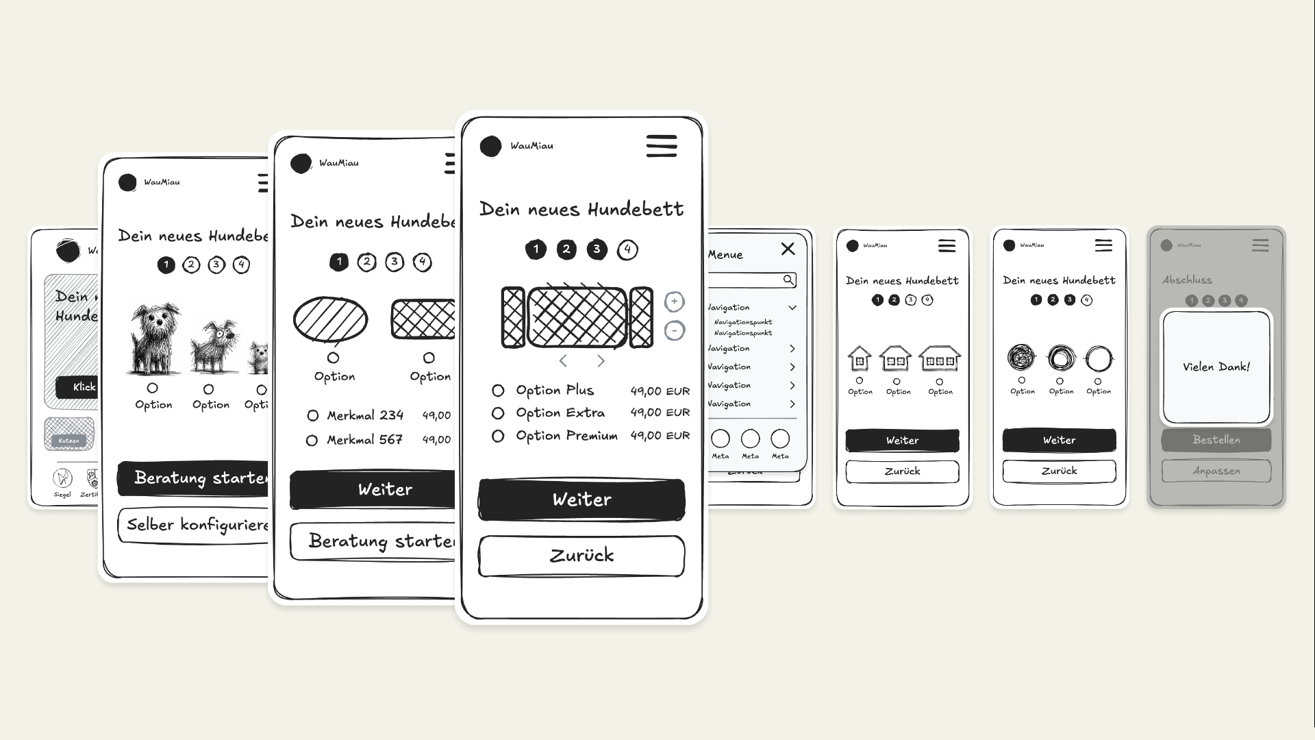 Digital erstellte Wireframes mit Ideenskizzen zu einem App Konzept